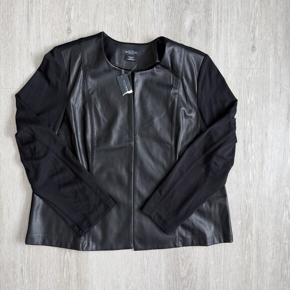 Michel Studio Jackets & Blazers - Michel Studio Faux Leather & Knit Mixed Media Open Jacket Black Plus Size 16 NWT